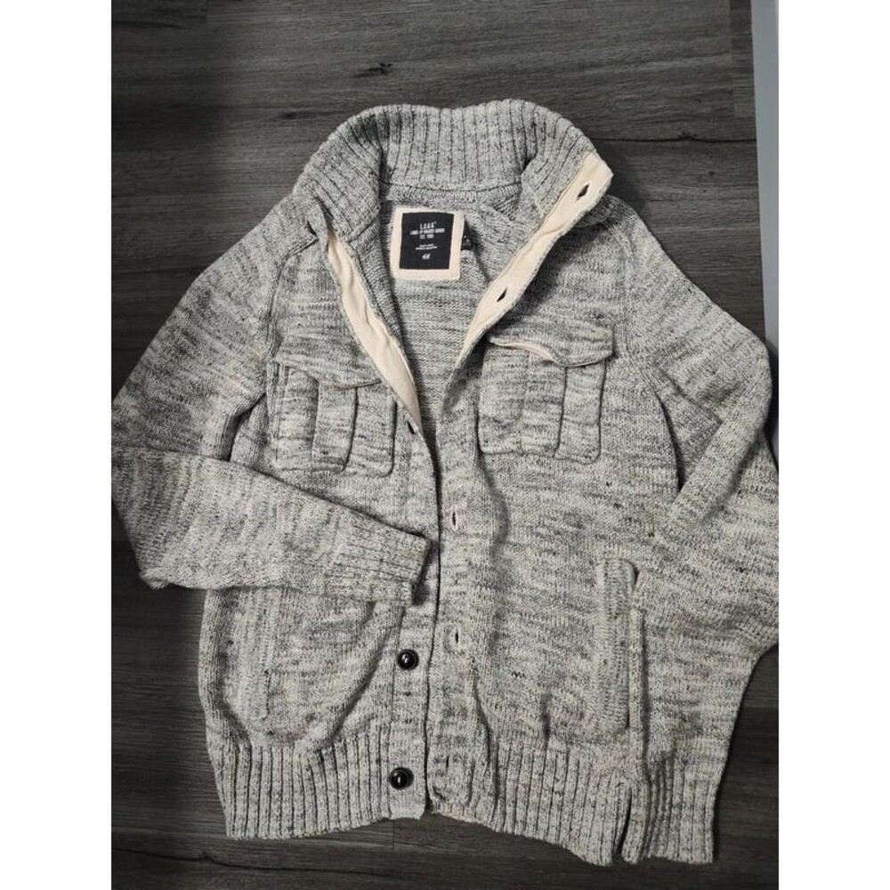 Logg HM H&M men's gray thick knit knitted heather sweater cardigan cotton M